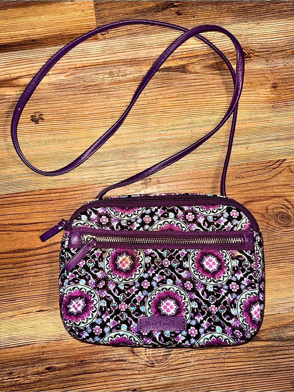 Vera Bradley Triple Zip Hipster Crossbody Bag Floral Purple & Black
